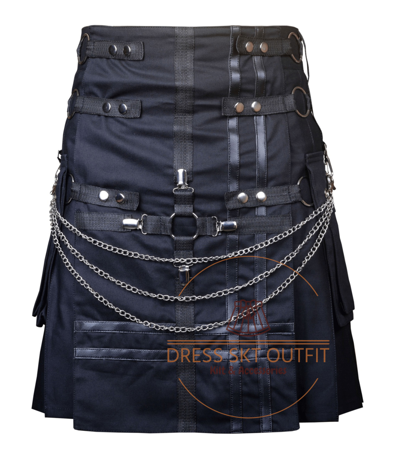 Men’s Scottish Black Cotton Utility Fashion Kilt Punk Goth Hybrid Cargo Kilt