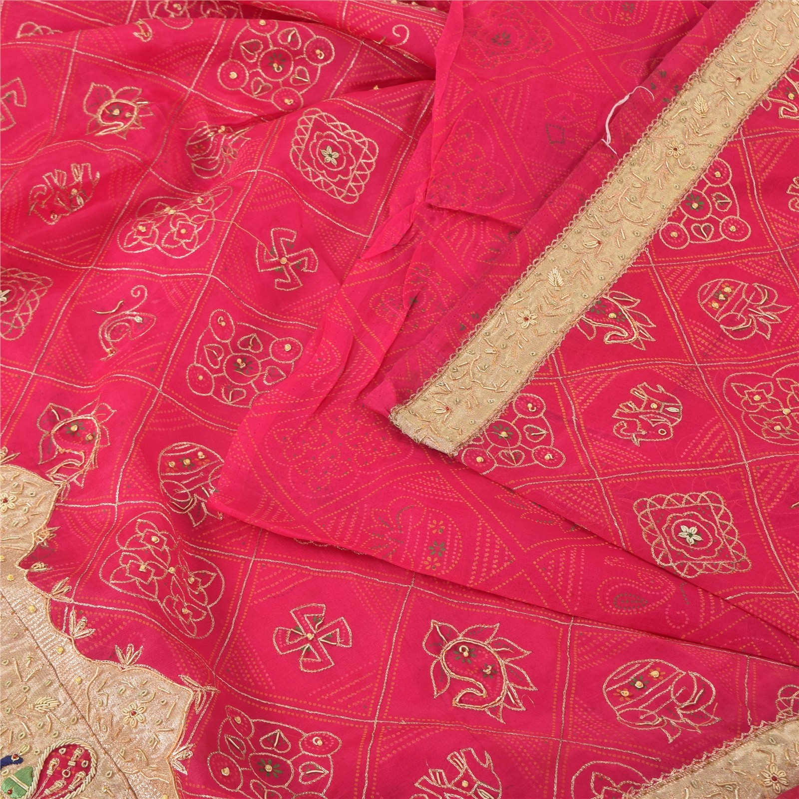 Sanskriti Vintage Pink Sarees Pure Silk Hand Bead Gharchola Bandhani Sari Fabric