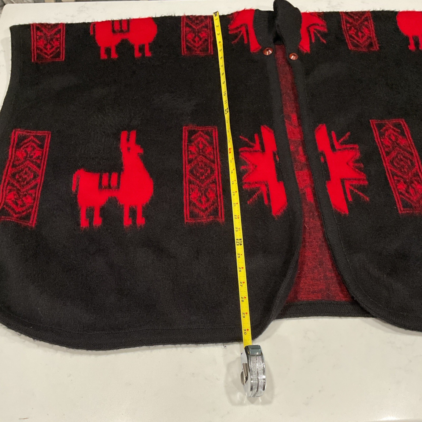 Handmade Black and Red Wool Poncho Latin American Andean Llama Motifs One Size