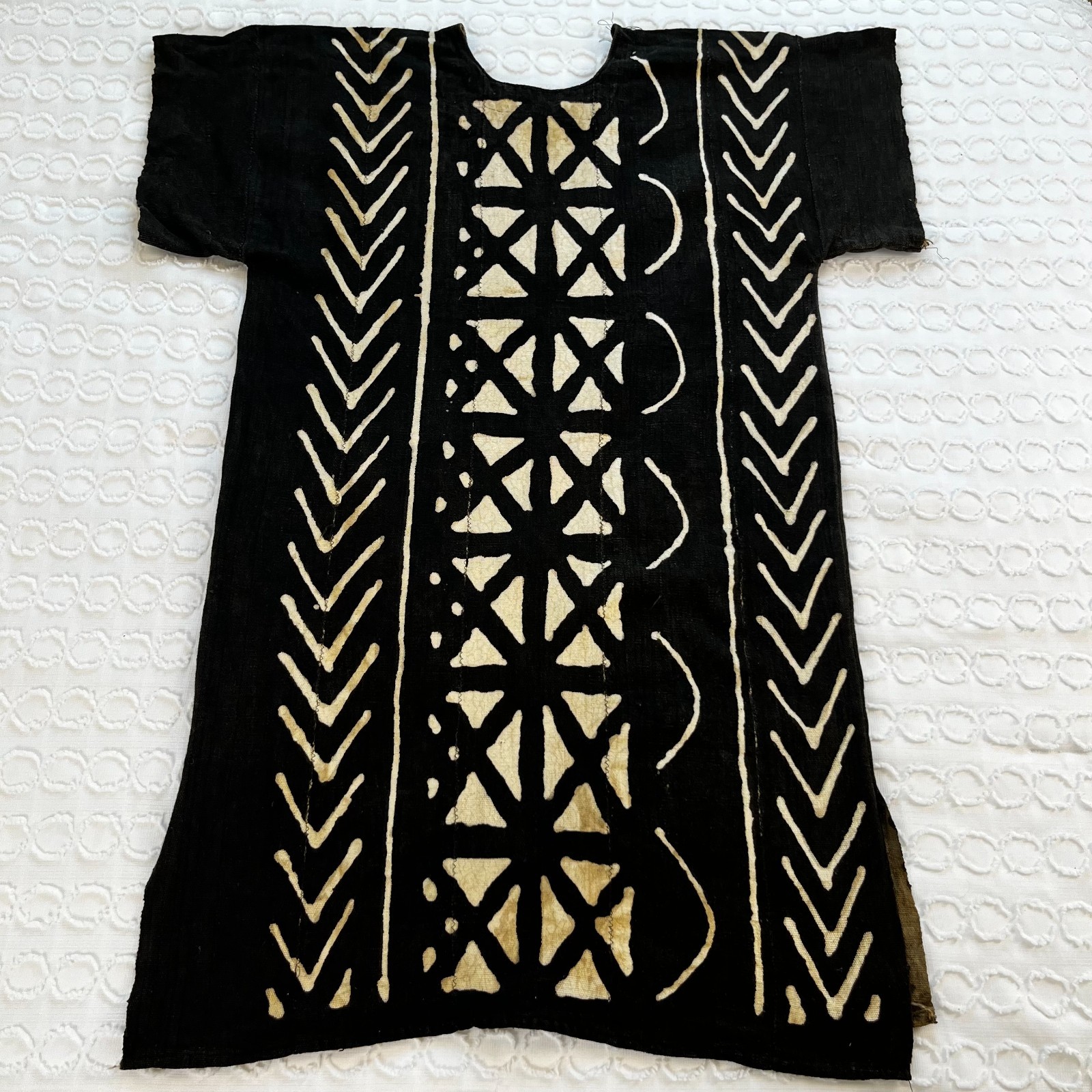 Traditional West African Bogolanfini Mud Cloth Tunic Dress Black Brown Geometric
