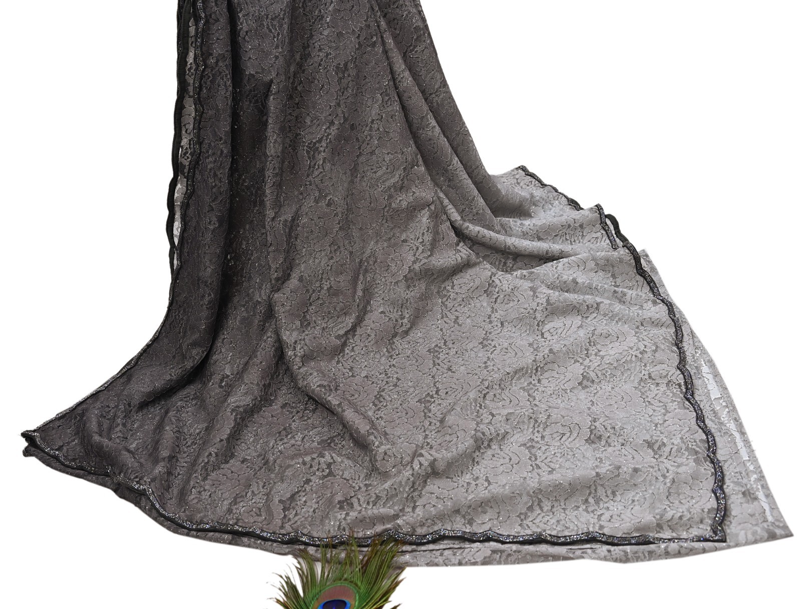Vintage Gray Net Saree Heavy Hand Embroidery 5.5 Yards Soft Mesh Fabric