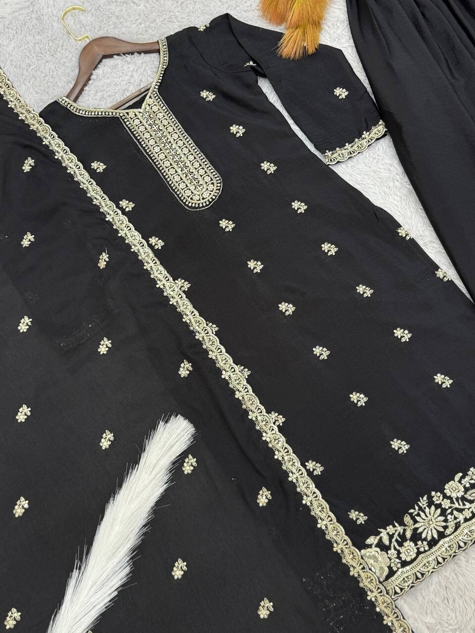 Beautiful Black Chinon Silk Kurta Palazzo With Dupatta For Reception & Party