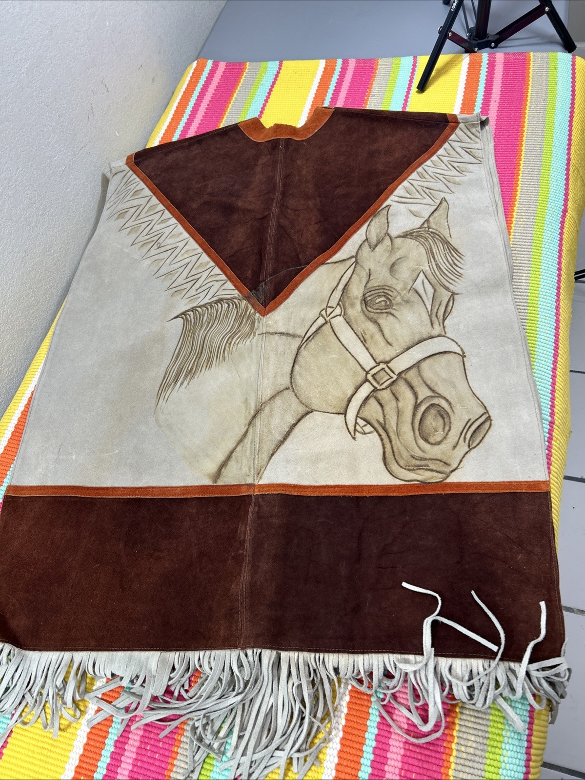 Authentic Leather Wool Handmade Fringe Satin Poncho Wildlife Animal Mexico Made