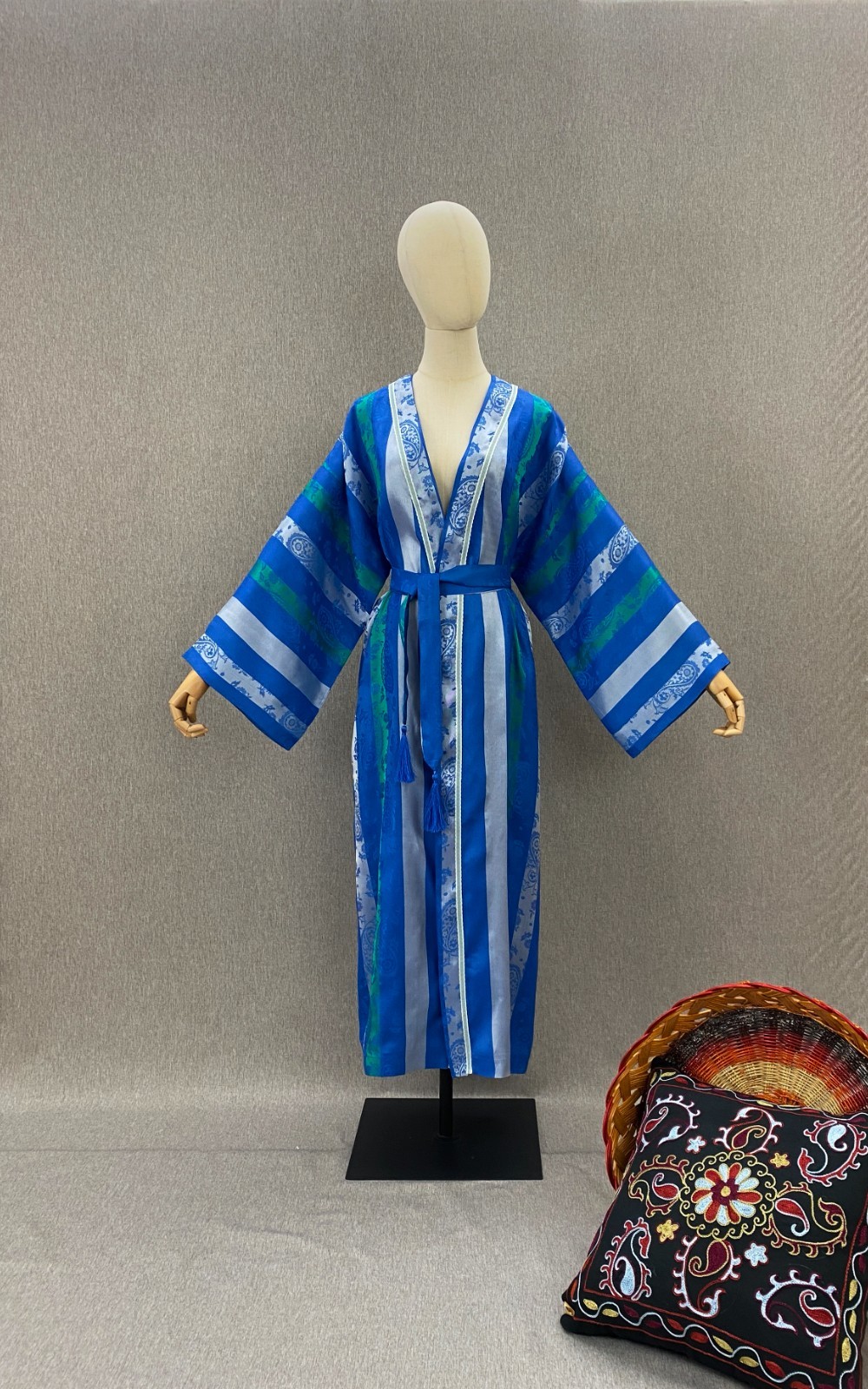 Vintage Uzbek Kimono Robe/Light Blue Striped Chapan/Boho Festival Abaya Cape