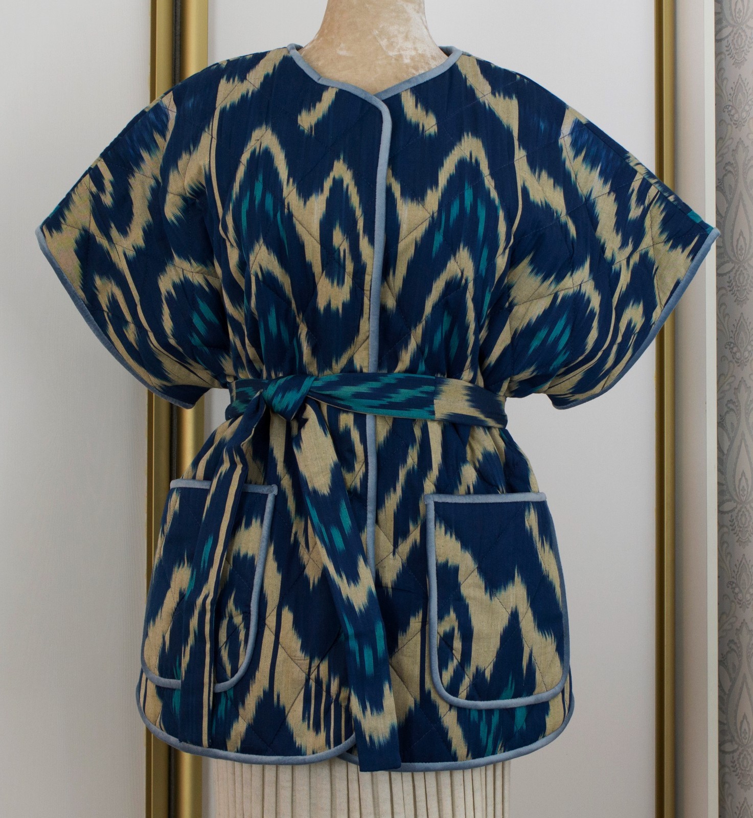 Handmade Ikat Quilted Jacket Uzbek Cotton OOAK Boho Kimono Vest Belt Pockets