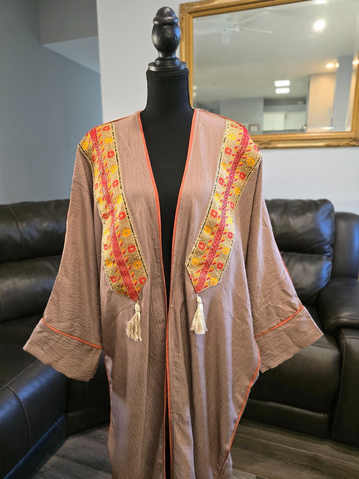 Embroidered Beige / Dusty Pink Abaya Ramadan Bisht with Gold and Red Tatreez #13