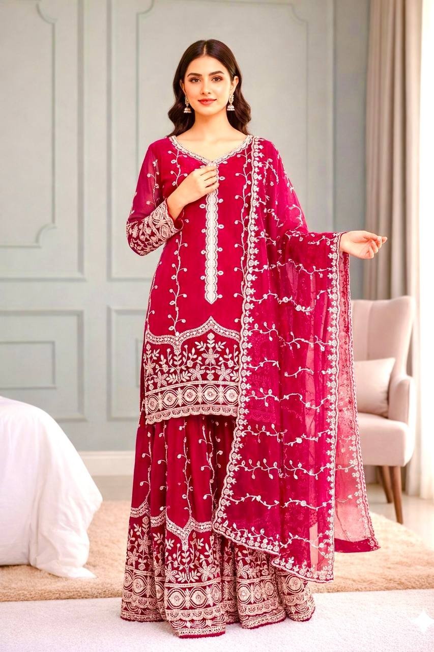 Wedding Hot Pink Pure Fendy Silk Heavy Embroidery Bridal Festive Sharara Suit