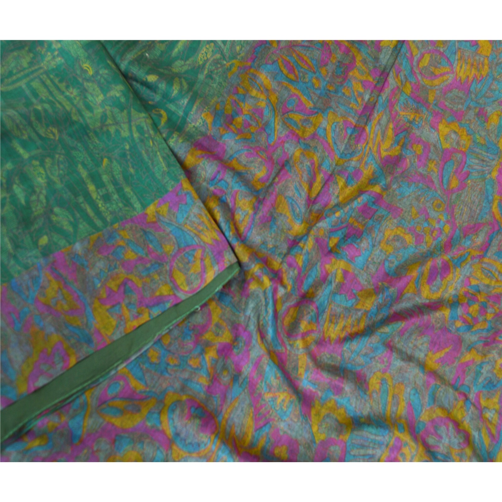 Sanskriti Vintage Sarees Green Art Silk Printed Sari Soft 5Yd Deco Craft Fabric