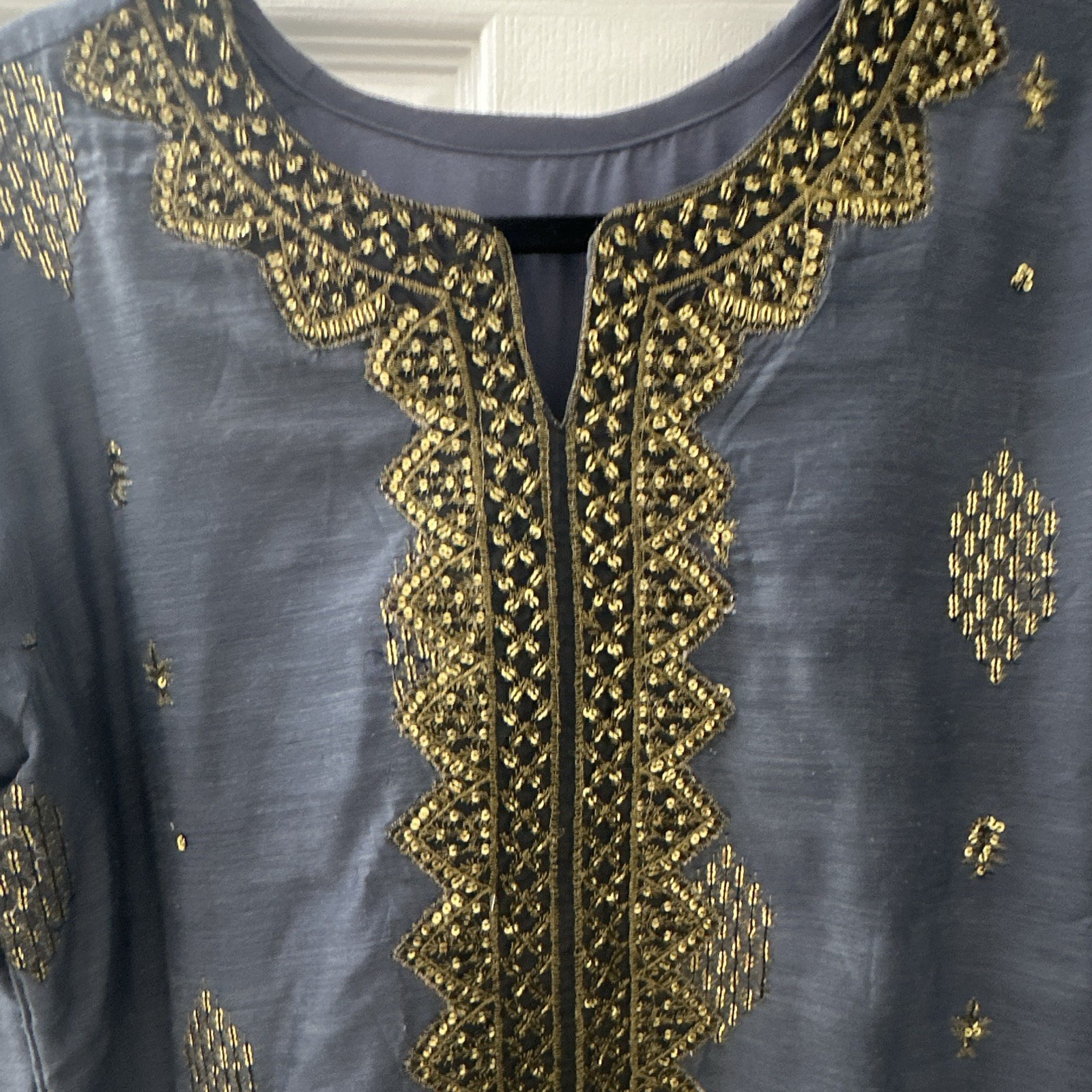 Handmade Blue Chiffon Salwar Kameez w/ Gold Embroidery & Dupatta, Custom