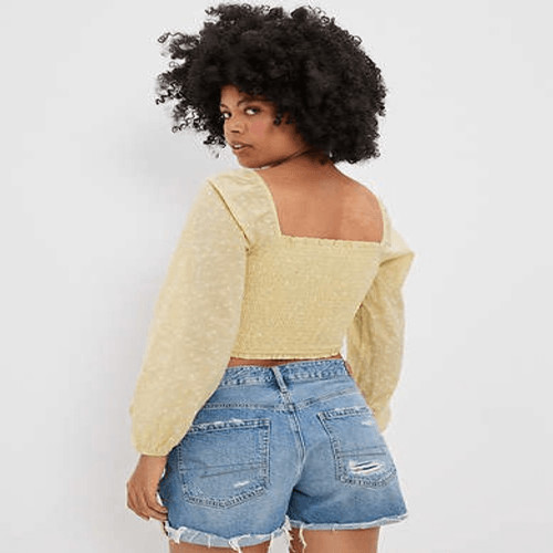 Aerie Square Neck Smocked Bishop Sleeve Crop Top