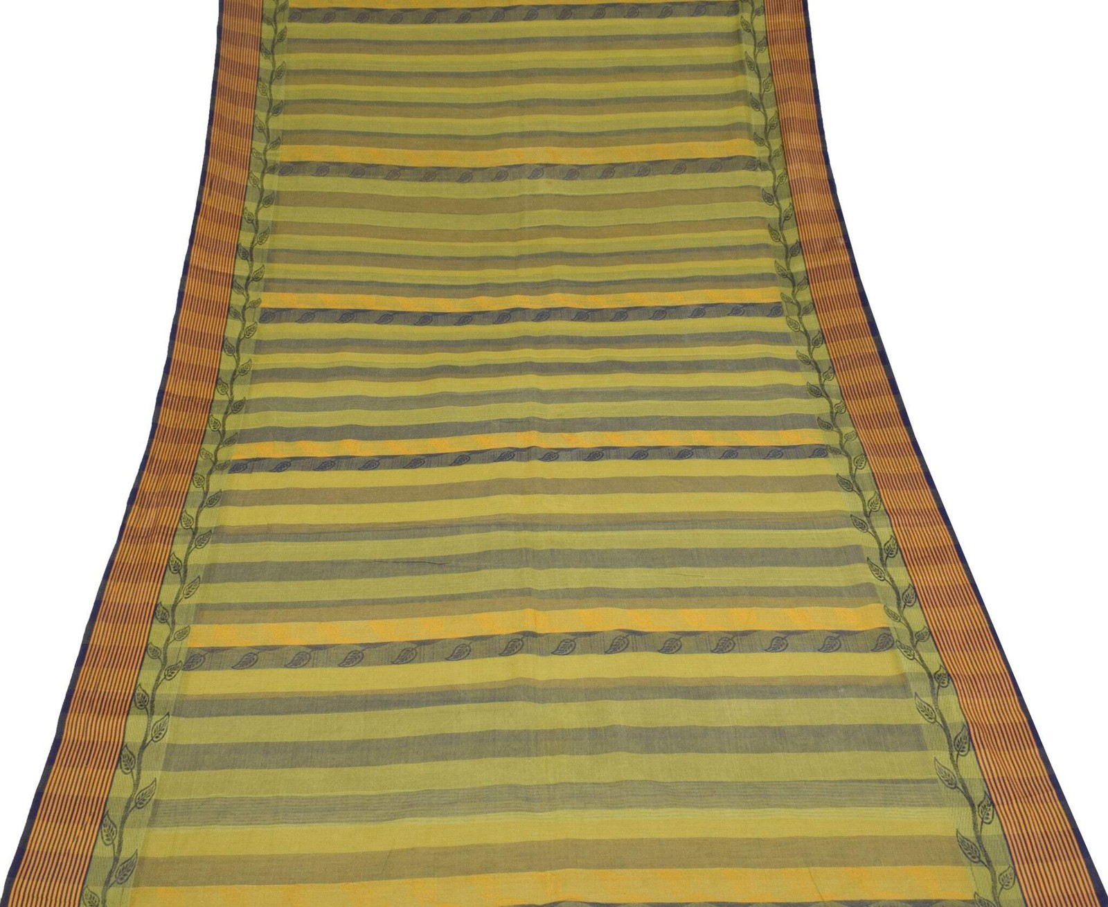 Sushila Vintage Pure Handloom Cotton Saree Yellow Blue Leaves Woven Sari Fabric