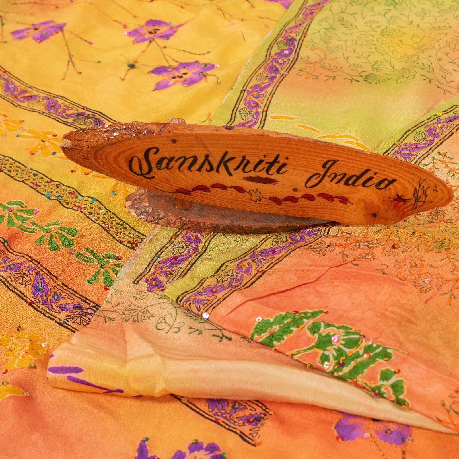 Sanskriti Vintage Saree Lemon Hand Embroidery Kantha Pure Crepe Print 5.5YD Sari