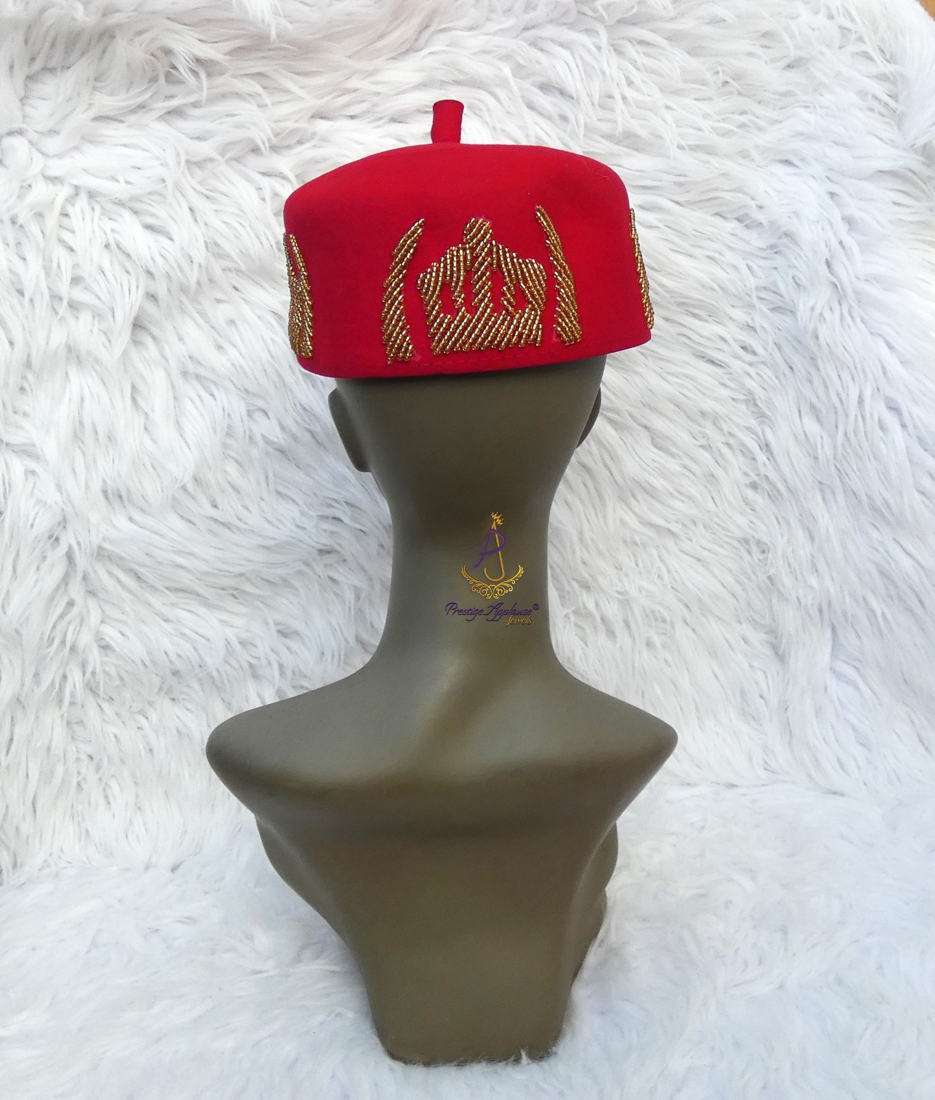 Igbo Edo Chieftaincy Ozo Red Hat | Nigerian Men’s Cap with Gold Embroidery