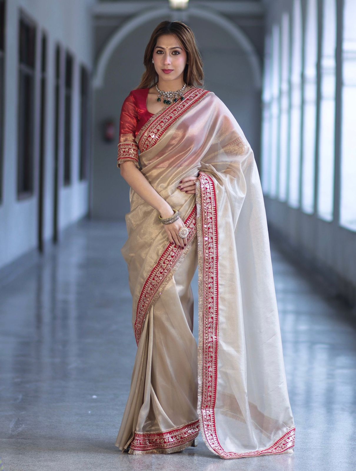Luxury Beige Gold Silk Embroidery Saree Red Border Bridal Wedding Saree Designer