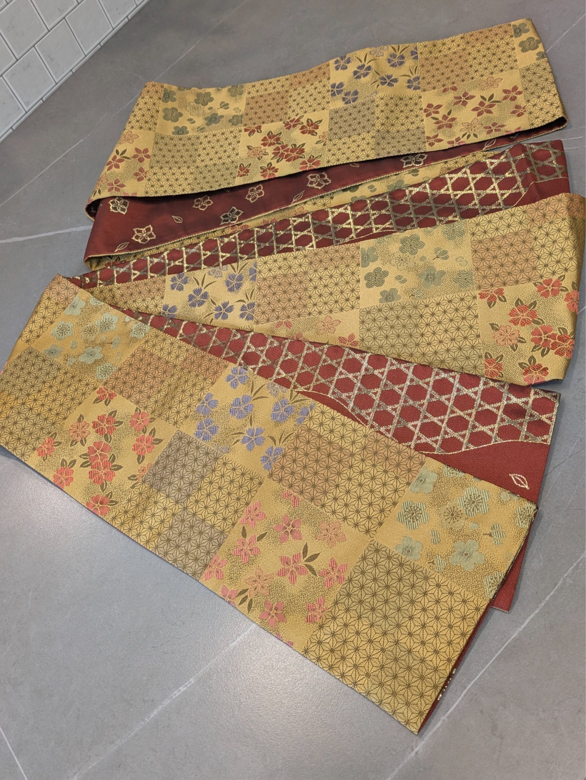 Japanese Kimono Half Obi Gold Red Reversible Floral Geometric Washable Material