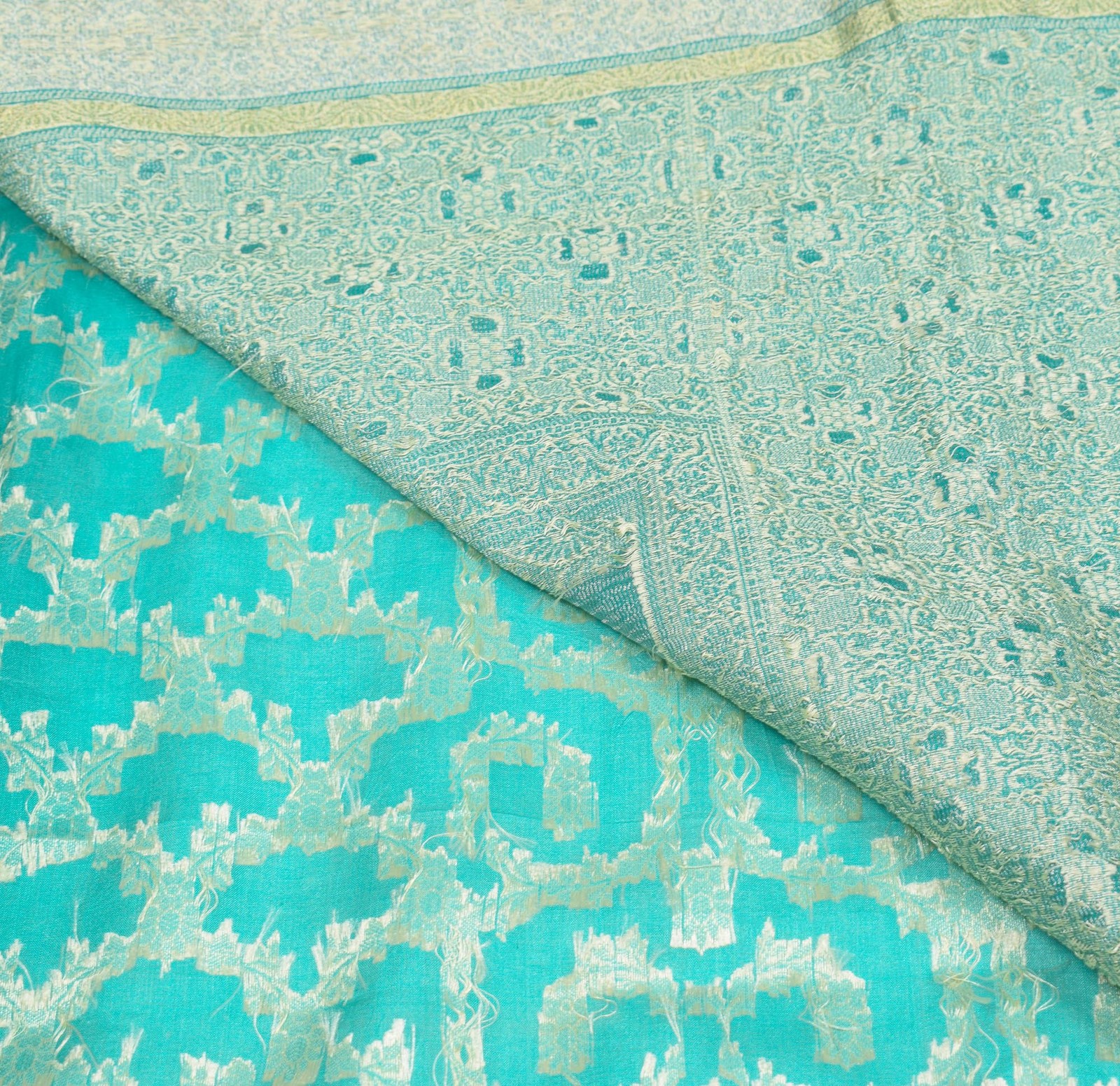 Sushila Vintage Aqua Green Saree Woven Floral Pure Tussar Silk Sari Craft Fabric