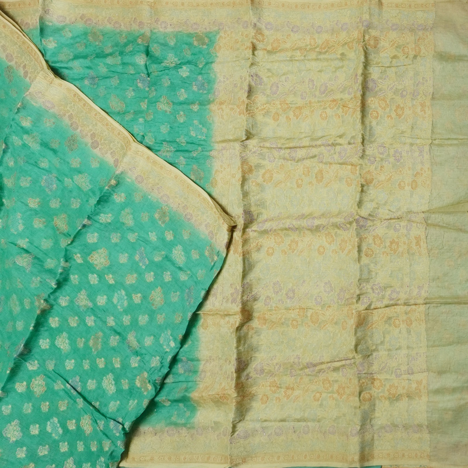 Vintage Sea-Green Sarees 100% Pure Silk Woven Indian Sari 5YD Decor Craft Fabric