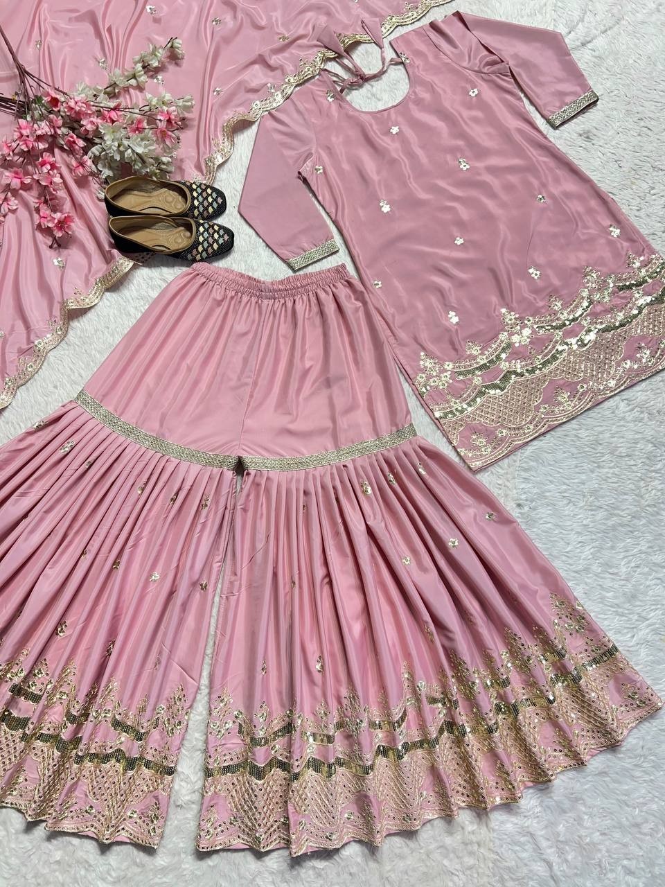 Beautiful Look Neutral Silk Light Pink Top Palazzo And Dupatta For Festival Wear