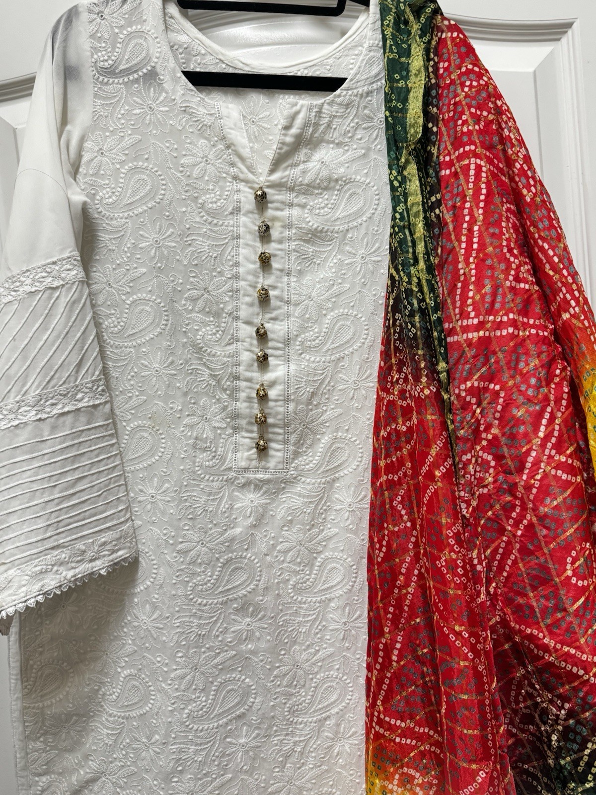 White Chikankari Shirt Embroidered Suit with Bandhni Chunri Dupatta Small