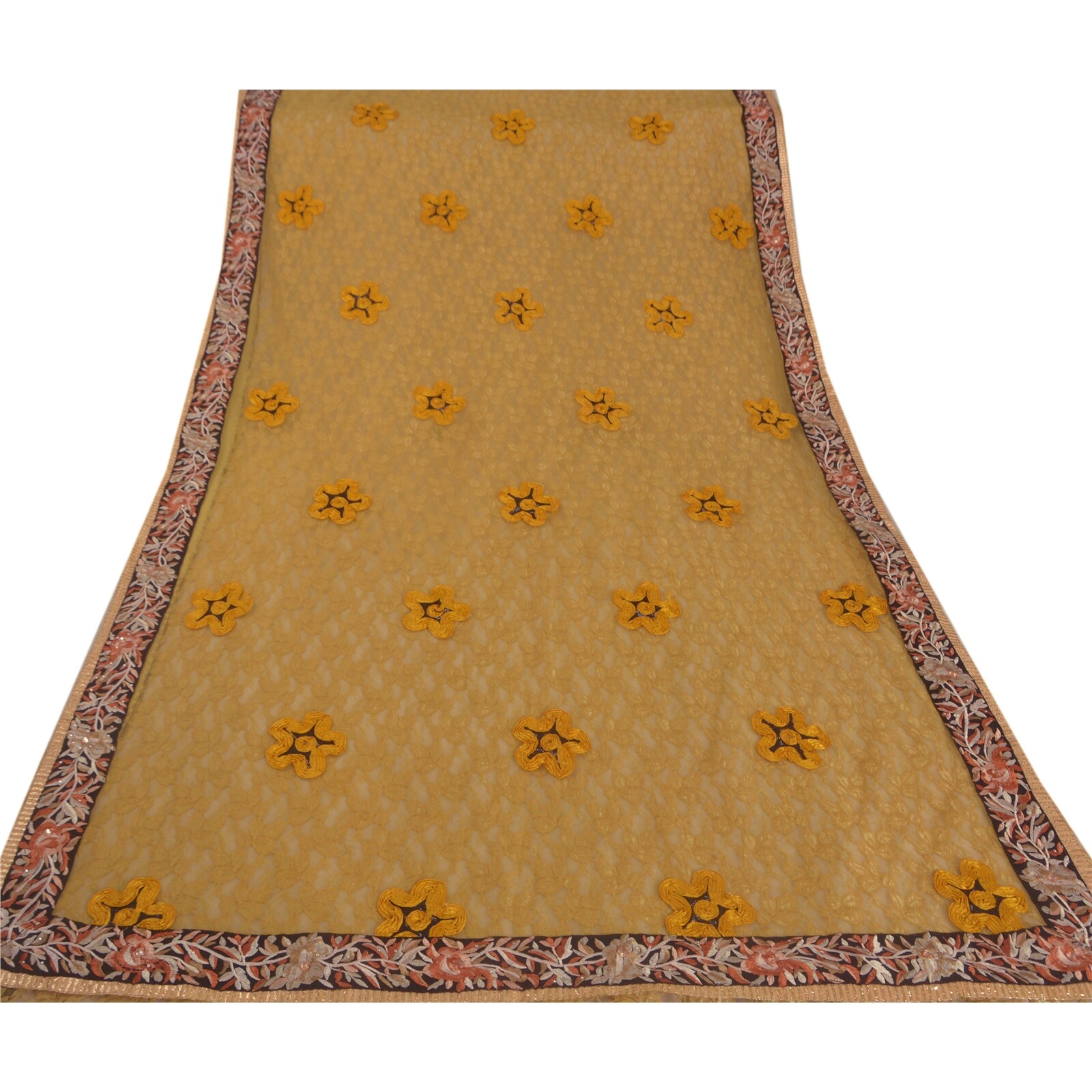 Sanskriti Vintage Yellow Sarees Net Mesh Hand Beaded Craft Fabric Premium Sari