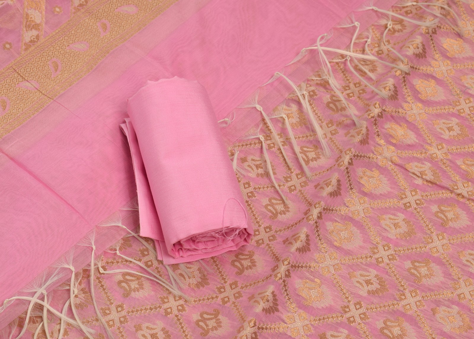 Banarasi Vastra Cotton Silk Dress Material Woven Salwar Kameez Dupatta Set Pink