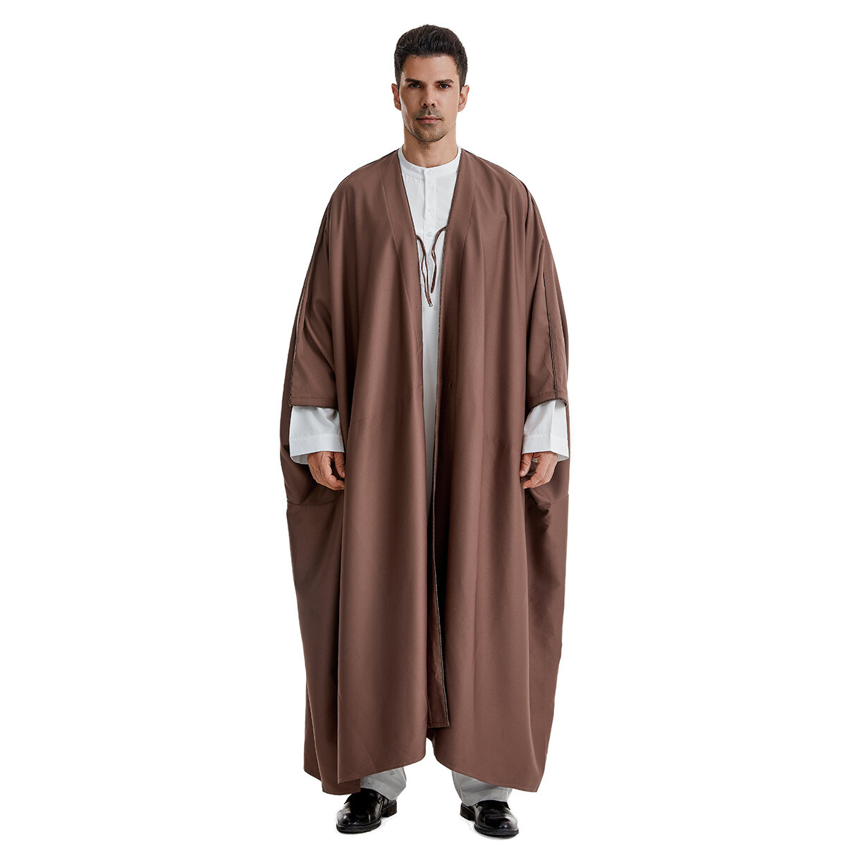 Saudi Arab Men Solid Color Open Kimono Batwing Robe Muslim Abaya Ramadan Prayer