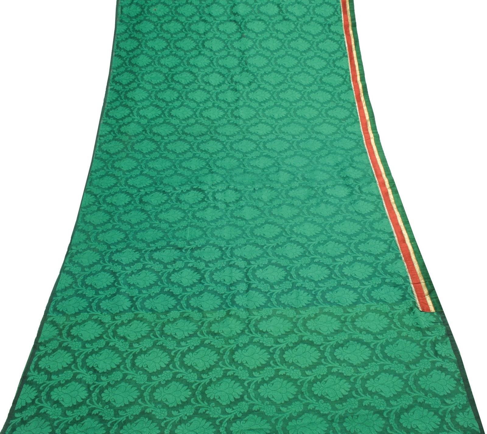 Sushila Vintage Green Patch Work Saree Self Woven Floral Silk Sari Craft Fabric