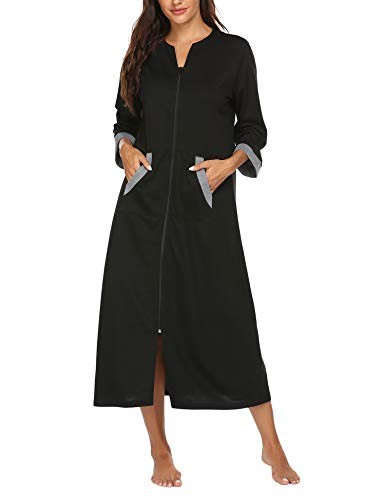 Women Zipper Robe 3/4 Sleeves Loungewear Dress Full Length Large Style 1-black