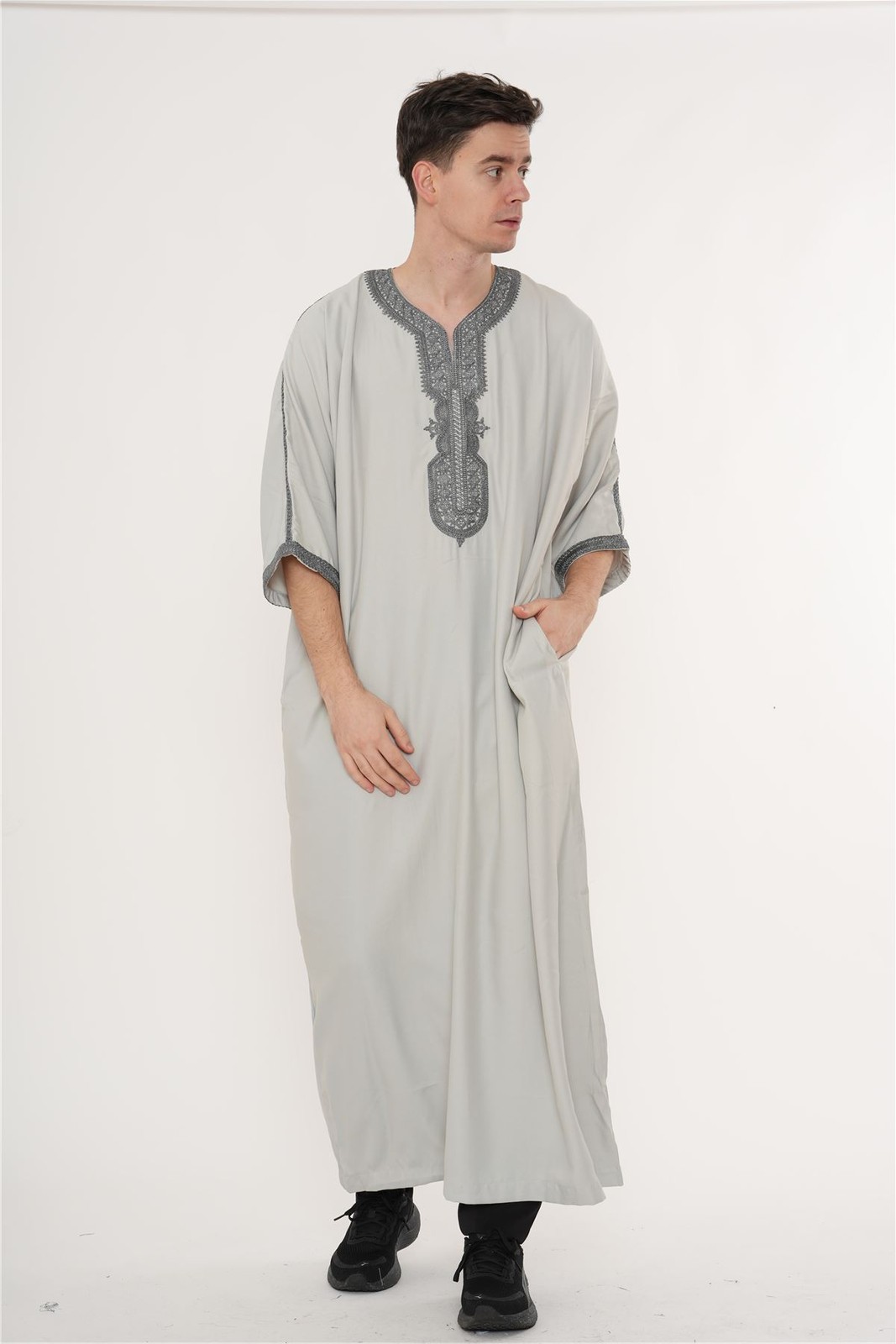 Men’s Grey Moroccan Thobe Half Sleeve Charcoal Embroidery Kaftan Eid Ramadan