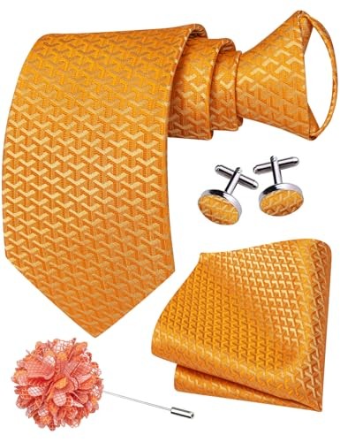 Zipper Ties for Men Pre-Tied Tie Set Silk Paisley Adjustable A Light Orange