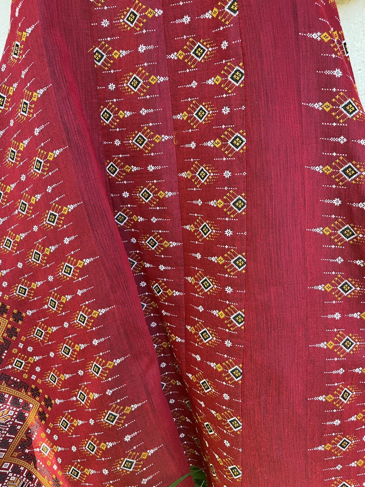 Bohemian VTG Red Handwoven Dress Praewa Silk Fabric Button-Front Maxi Thailand S