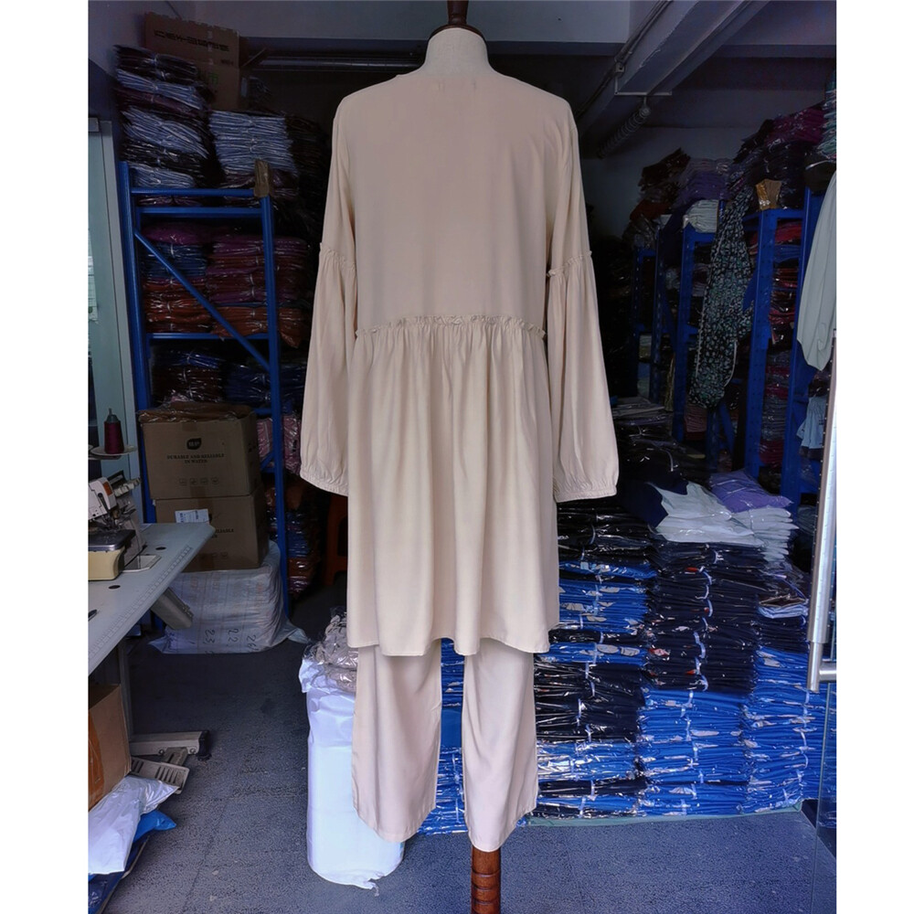 Muslim Blouse Pant Two Piece Set Women Long Sleeve Robe Abaya Islamic Dress Arab