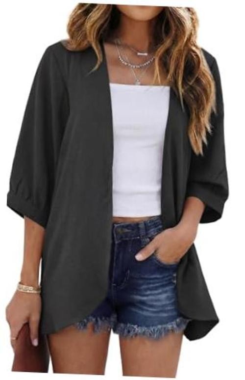 Womens Summer Lightweight 3/4 Sleeve Cardigan Open Front Casual Large Black