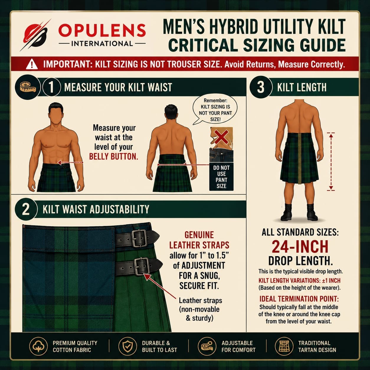Men’s Plus Size Utility Kilt Black Cotton Tartan Hybrid Irish Style