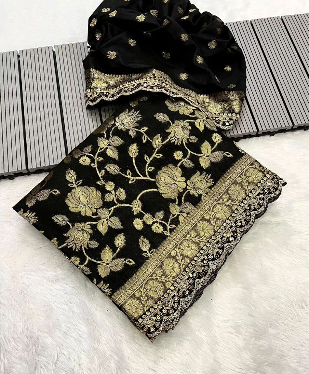 complete khadi georgette light wait saree heavy work in border with blouse same.