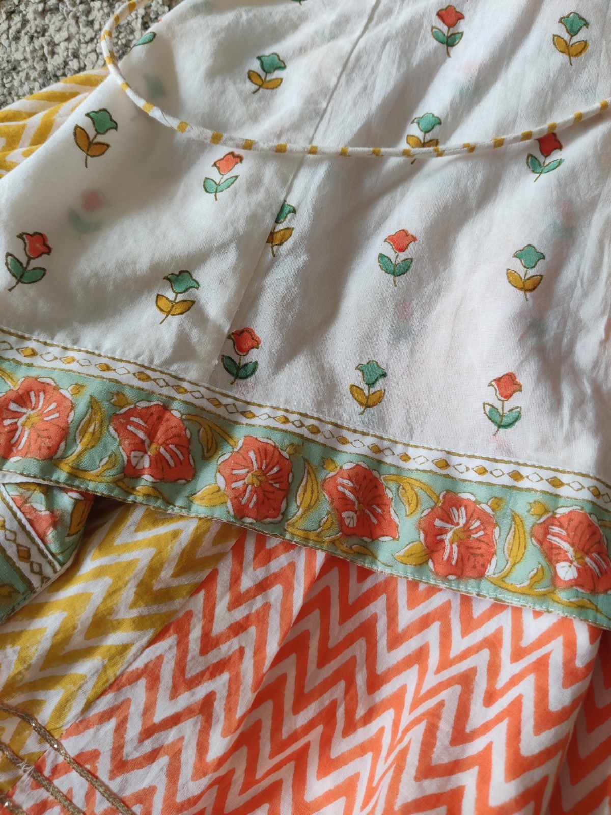 Light Summer Cotton Girls Indian Lehnga Set White Orange Yellow Green 2-3 YRS