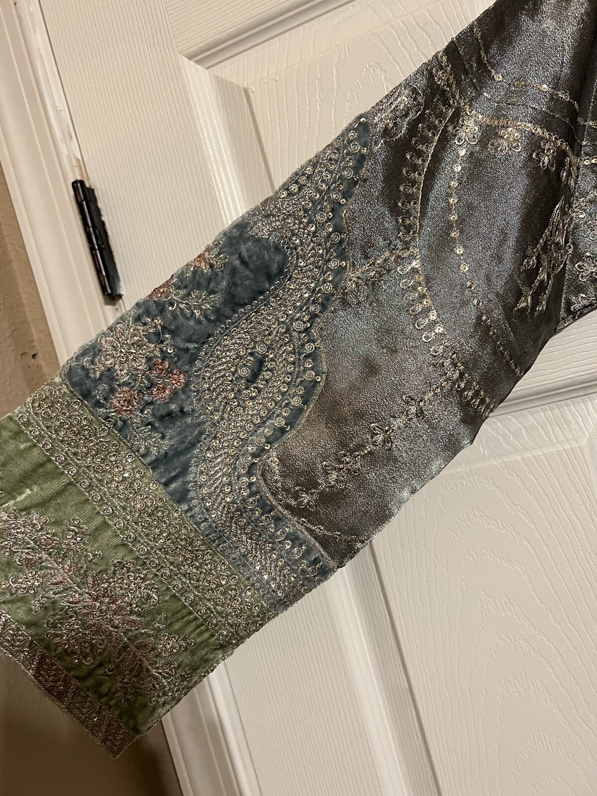 Grey/Silver/Green On Velvet Pakistani Fancy Gharara Dress