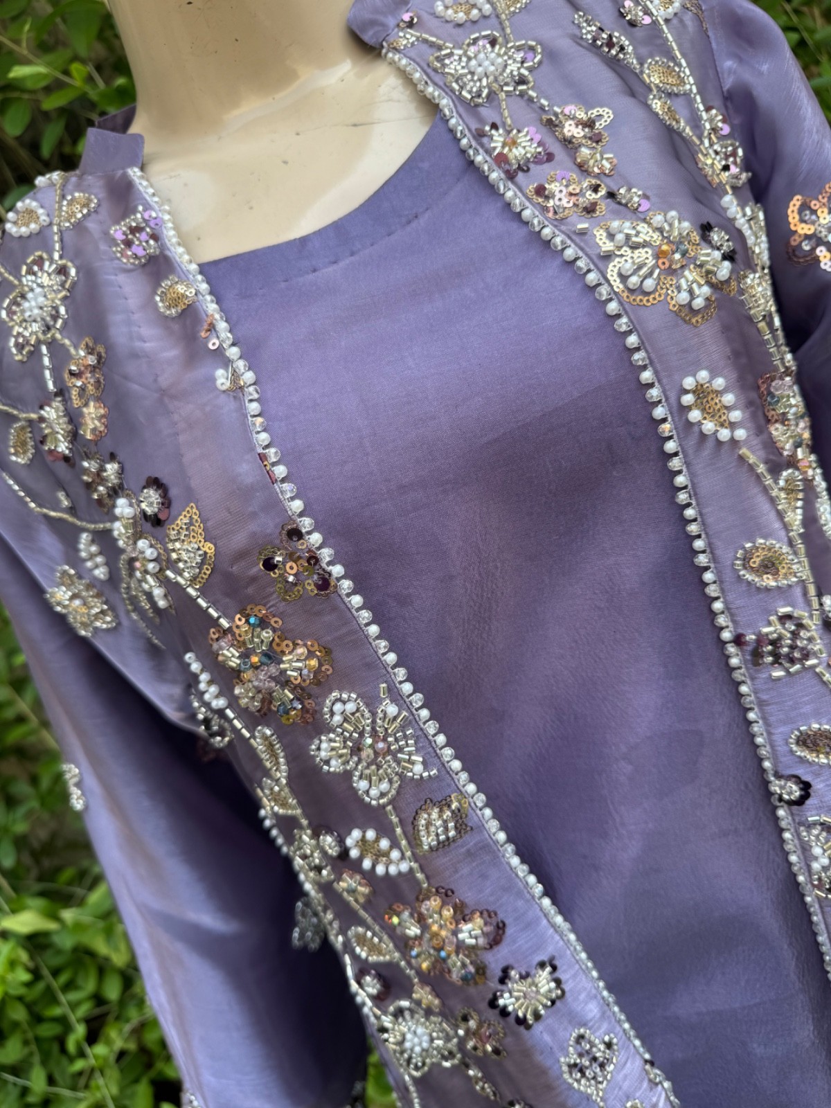 Pakistani purple silk long Gown shirt Style Embroidered Sequins Dress,L