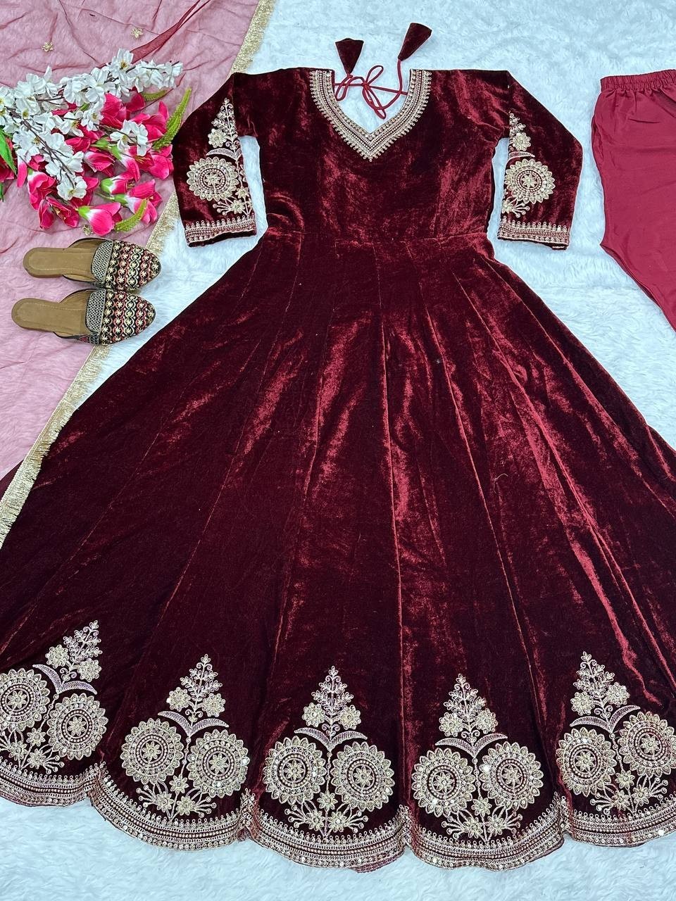 Ethnic Wear Maroon Viscose Velvet Anarkali Suit With Net Dupatta For Women