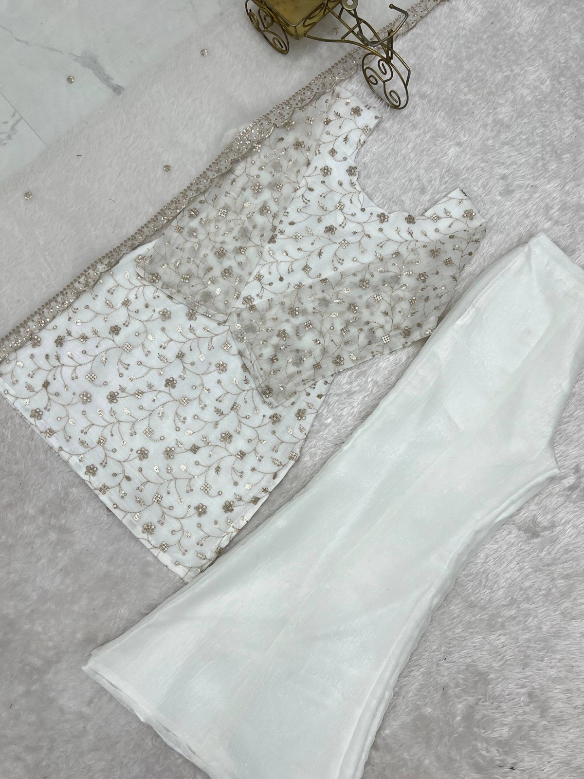 Readymade White Floral Embroidered Kurta Palazzo Dupatta Wedding Party Wear Set