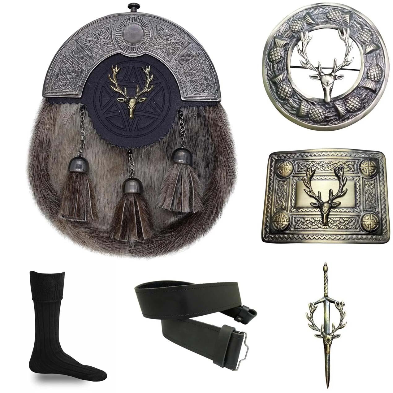 Scottish Kilt Stag Head Kilts Belt/Sporran/Buckle/Pin / Brooch & Sock 6 piece