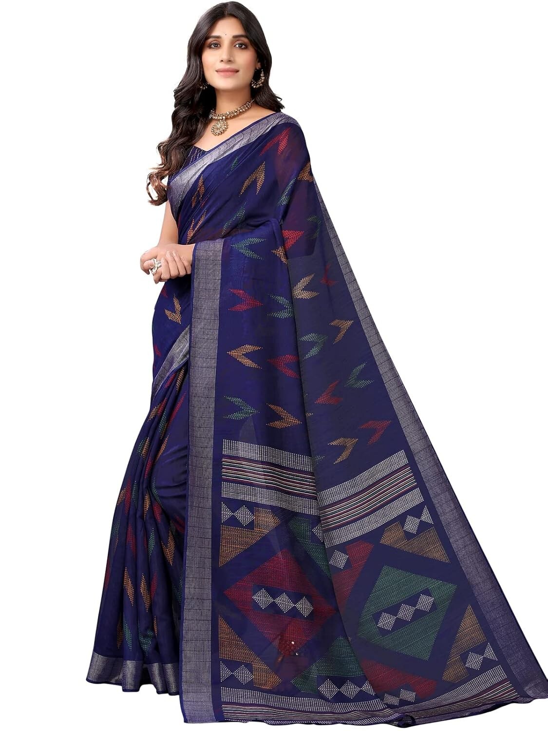 Women’s Cotton Blend Tribal Art Warli Printed Designer Saree with Blouse Piece