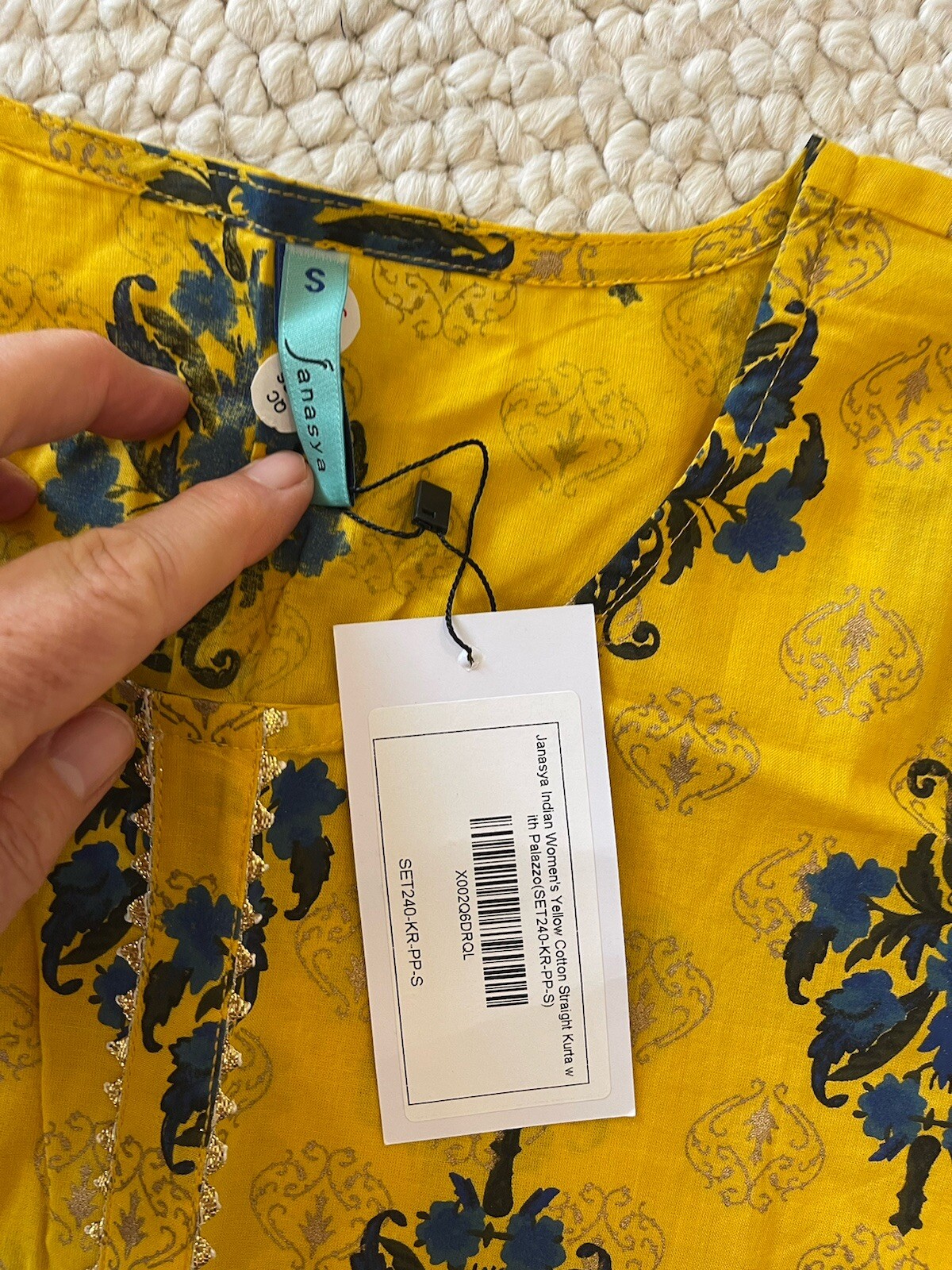Janasaya Indian S Women Yellow Dress Floral Kurti Teal Pants 2 Pc 3/4 Sleeve