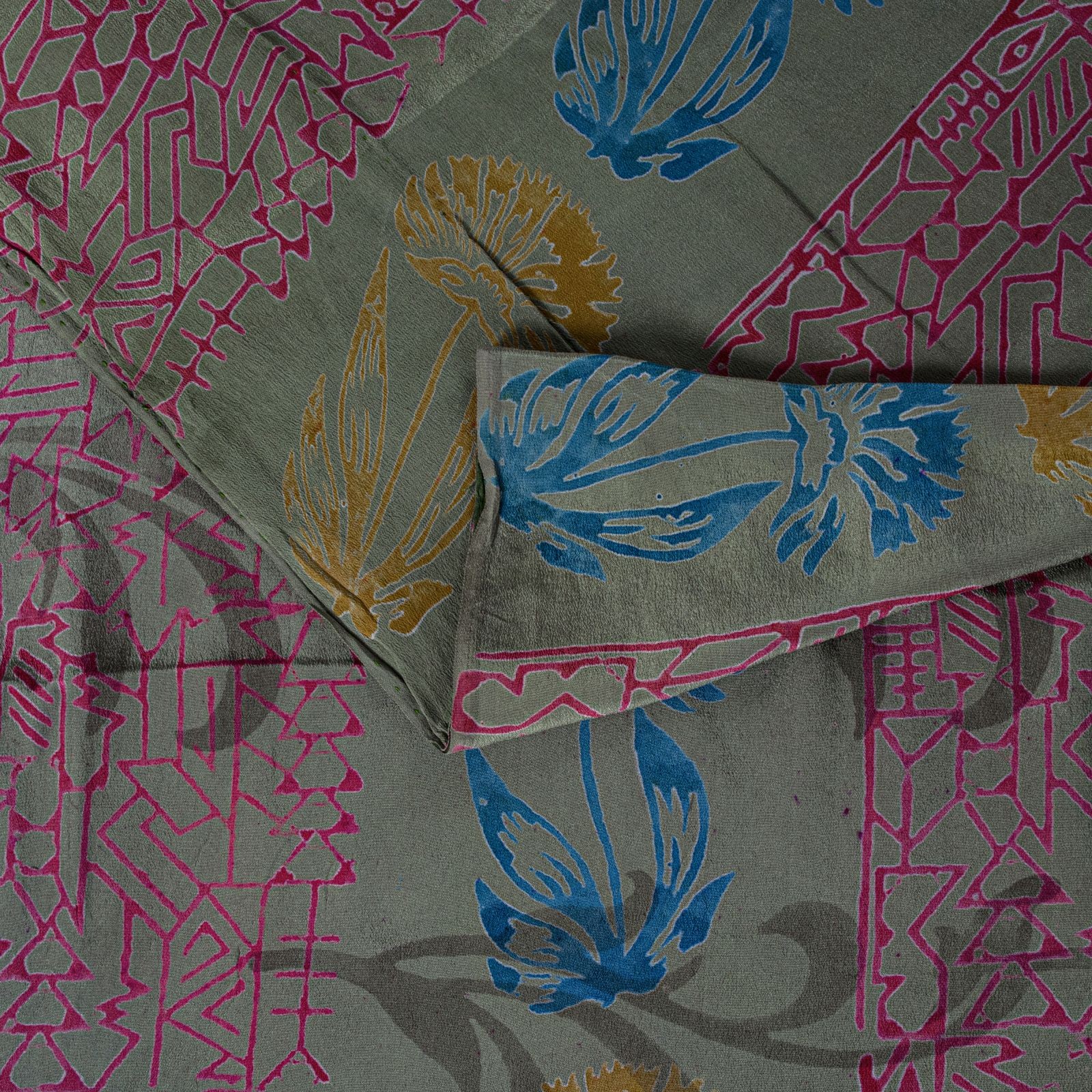 Sanskriti Vintage Green Pure Crepe Silk Saree Handblock Printed Sari 5+YardScrap