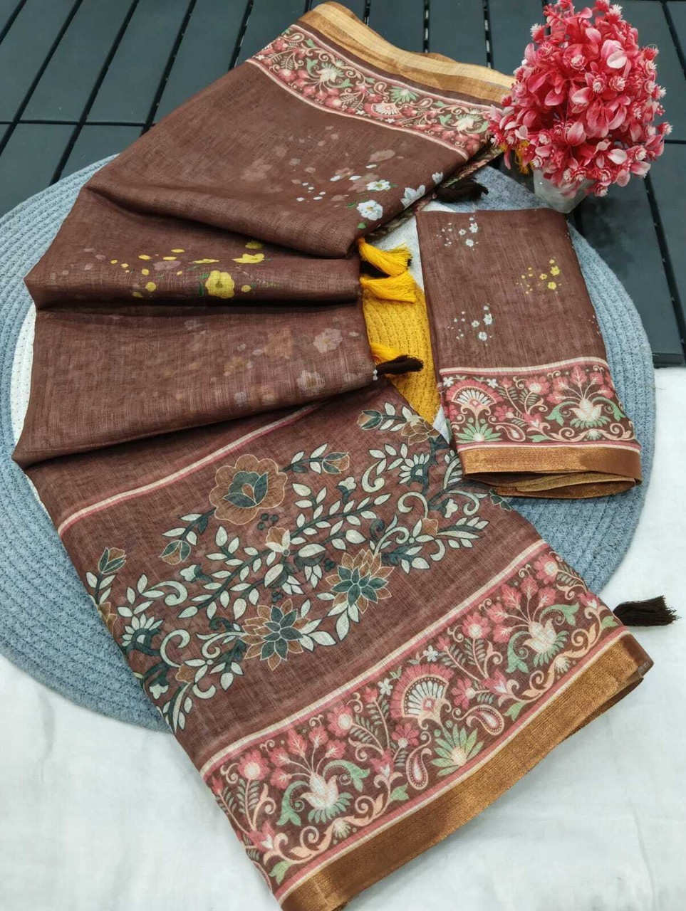 Printed Kanjivaram Pure Cotton, Cotton Linen Saree (Multicolor)