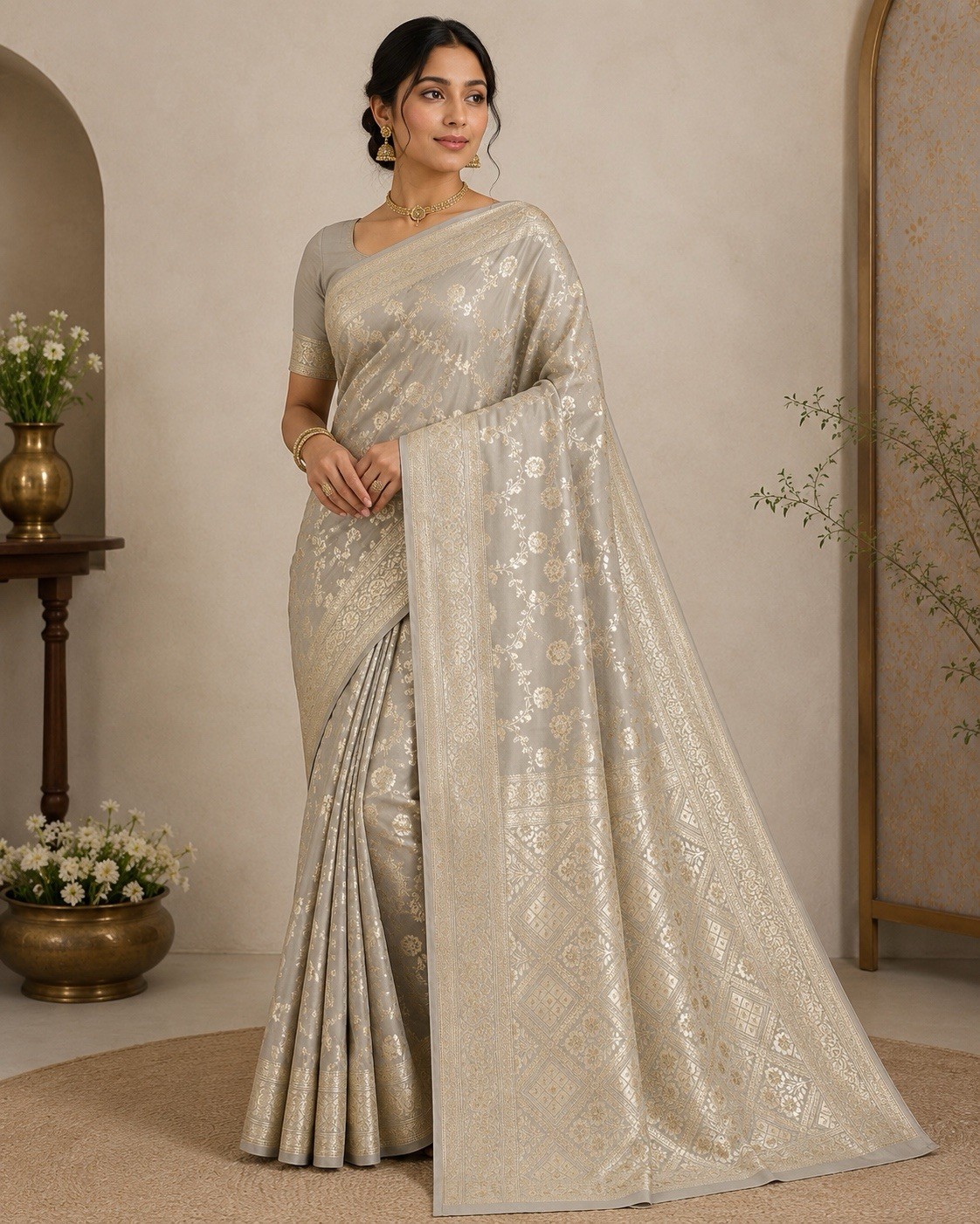 Pure Katan Silk Banarasi Saree – Ivory Gold Zari Handwoven Wedding Saree