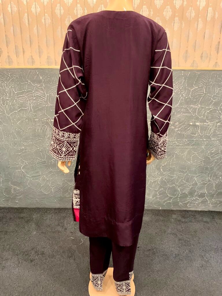 Pakistani Dark Purple Printed Straight Shirt 3pcs linen Suit w/ Threadwork ,L