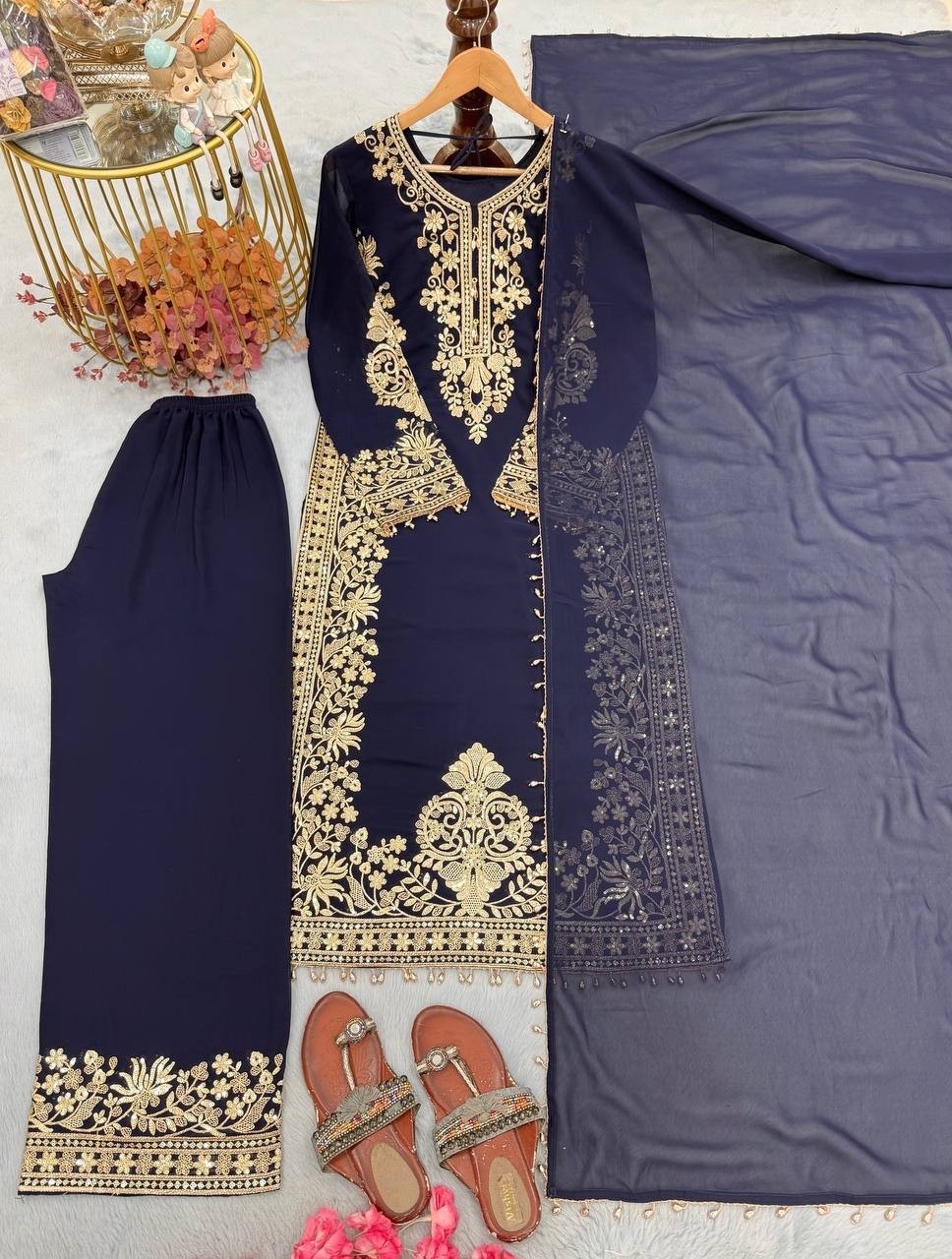 New Designer Faux Georgette Blue Top Palazzo With Dupatta For Functional Wear