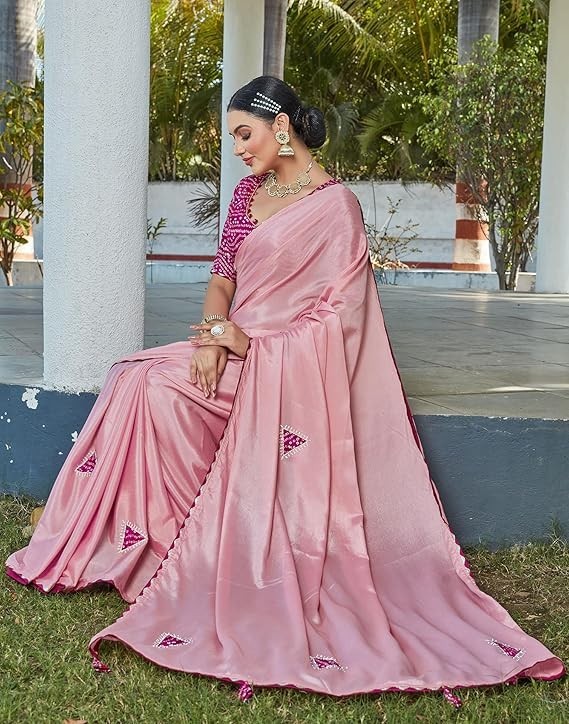 Women’s Cotton Silk Patch and Stone Work Saree With Unstitched Blouse Piece
