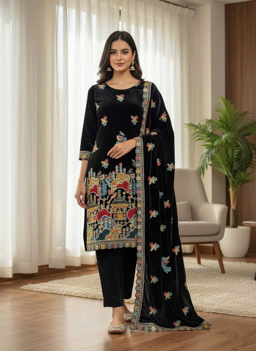 Stylish Black Velvet Readymade Salwar Suits For Women Indian Wedding Party Dress